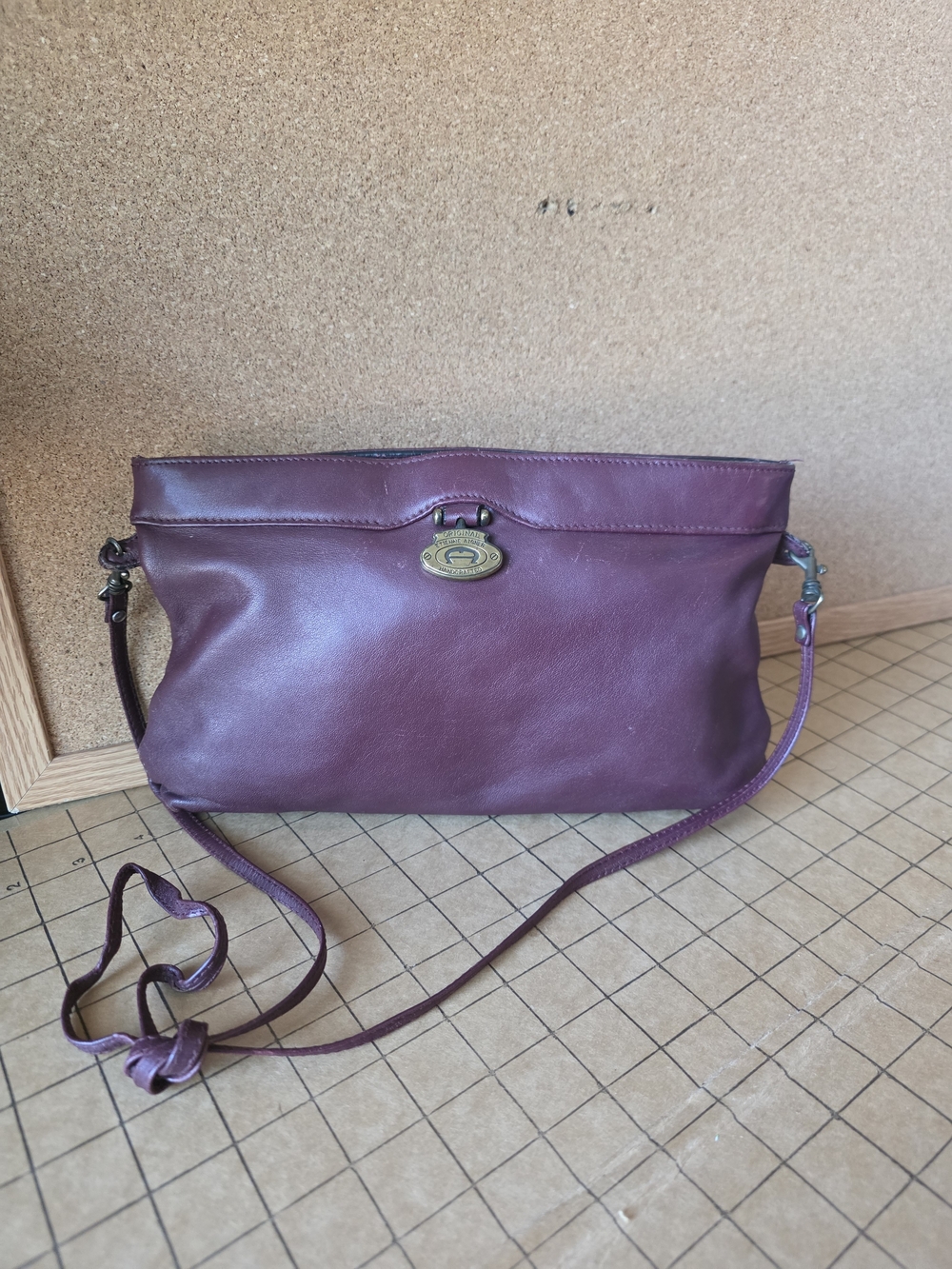 Vintage Etienne Aigner Burgundy Leather Crossbody Brass Logo Plate, Top Zip